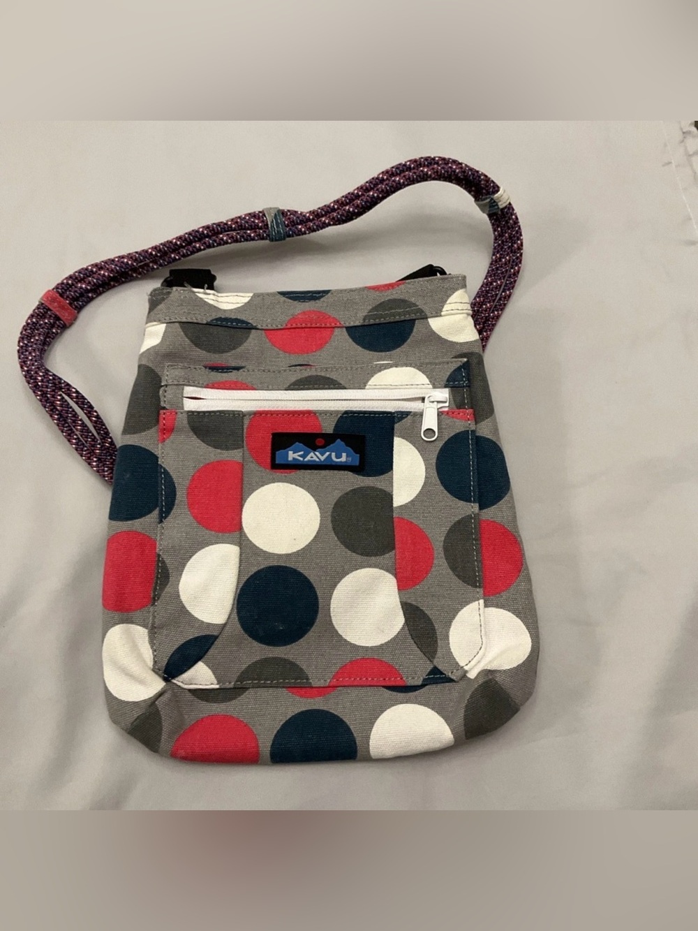 Kavu Gray Messenger Bag with Red, Navy & White Polka Dots